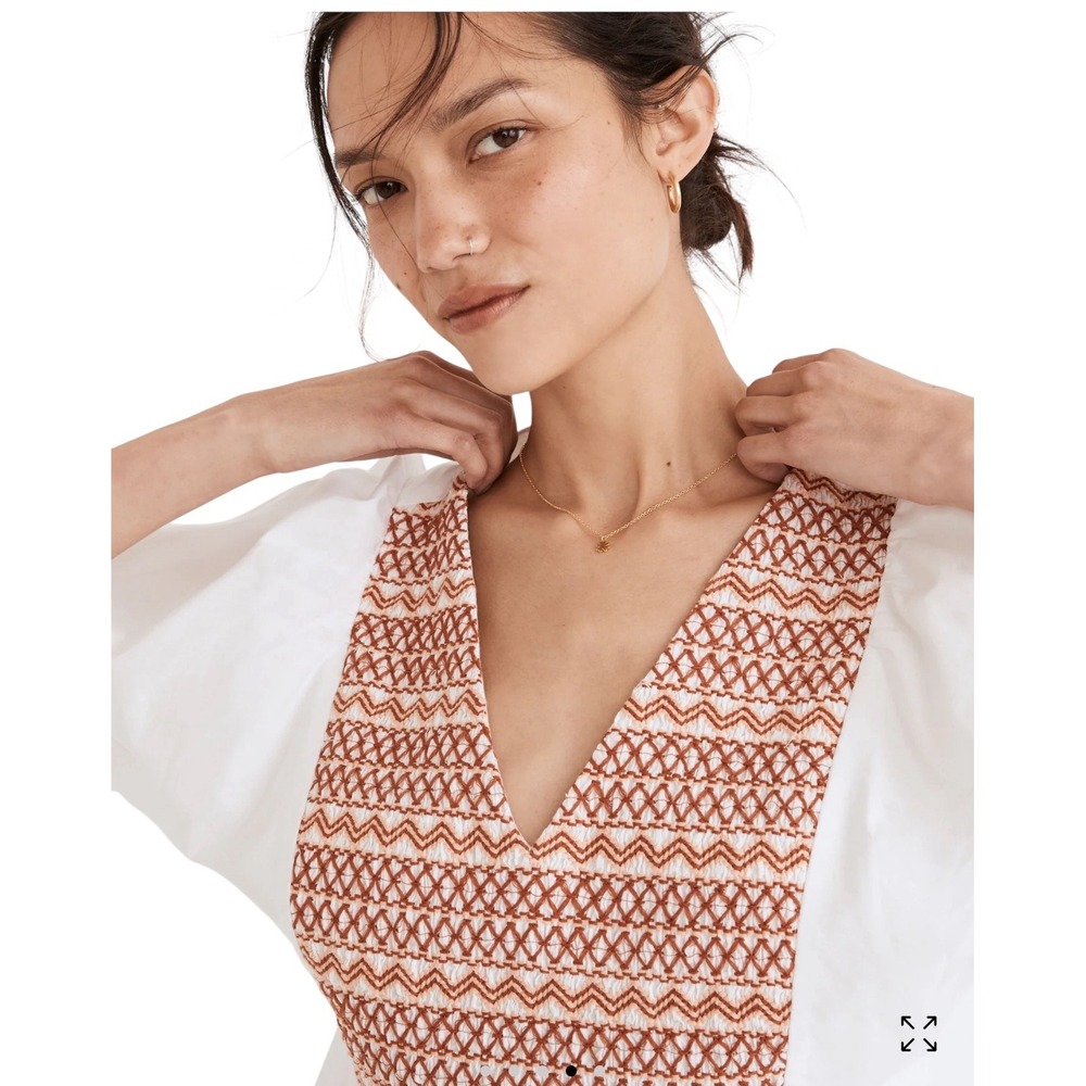 Madewell Embroidered Poplin Mini Dress Puff Sleeve‎ V neck Size XS NWOT - Picture 5 of 12